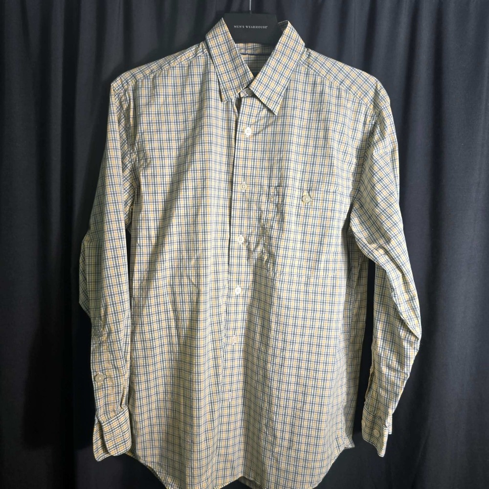 Orvis Mens Medium Plaid Button Down Shirt Yellow Green Cotton Blend Stretch Long